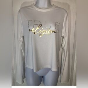 True Religion white ribbed long-sleeve gold and rhinestone logo size medium.